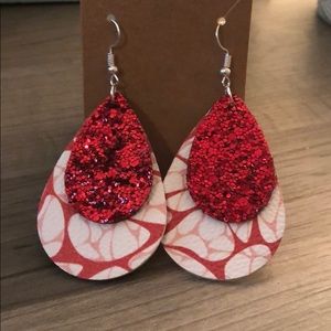 Sparkly Red & White Faux Leather Teardrop Earrings